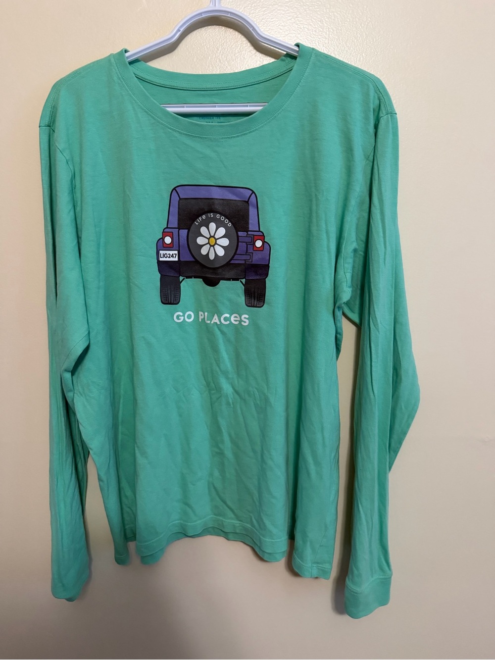 Life Is Good Kids Long Sleeve Tee in Mint Green with Car Graphic